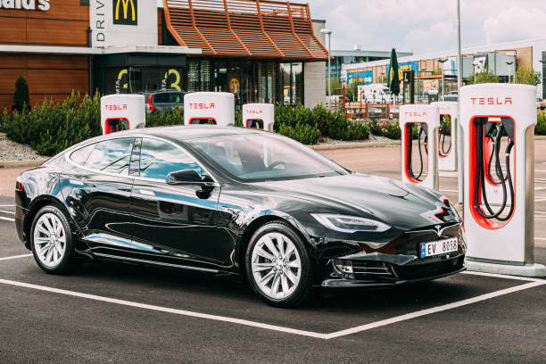 Tesla Electric Vehicle at a Charging Station